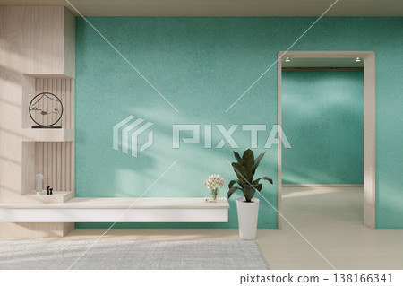 Floating Shelf on room The Serene Nook room Minimalist Zen Living on mint room and Wooden Feature Wall.3D rendering 138166341