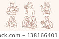 Cute cafe lifestyle vector set with senior couple drinking coffee professional barista making latte and bakers with cake in hand drawn doodle line art style 138166401