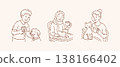 Happy people enjoying coffee with cute dog and cat vector set in hand drawn doodle line art style for pet friendly cafe branding and social media 138166402