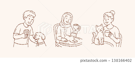 Happy people enjoying coffee with cute dog and cat vector set in hand drawn doodle line art style for pet friendly cafe branding and social media Happy people enjoying coffee with cute dog and cat vector set in hand drawn doodle line art style for pet friendly cafe branding and social media 138166402