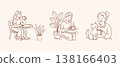 Relaxing cafe scene vector set with people drinking coffee sitting at tables with indoor plants and cute cat in hand drawn doodle line art style 138166403