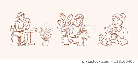 Relaxing cafe scene vector set with people drinking coffee sitting at tables with indoor plants and cute cat in hand drawn doodle line art style Relaxing cafe scene vector set with people drinking coffee sitting at tables with indoor plants and cute cat in hand drawn doodle line art style 138166403