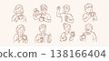 Happy diverse people drinking coffee and relaxing vector set with men women and seniors in hand drawn doodle line art style for cafe branding design 138166404