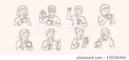Happy diverse people drinking coffee and relaxing vector set with men women and seniors in hand drawn doodle line art style for cafe branding design Happy diverse people drinking coffee and relaxing vector set with men women and seniors in hand drawn doodle line art style for cafe branding design 138166404