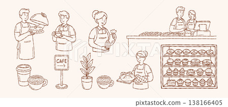 Minimalist coffee element and cafe furniture vector set with espresso machine brewing tools and decor in hand drawn doodle line art style 138166405