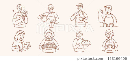Cute barista and bakery staff character vector set with professional bakers and coffee makers in hand drawn doodle line art style for cafe branding 138166406