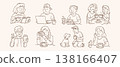 Cute coffee lover character vector set with people drinking coffee working on laptop and relaxing in hand drawn doodle line art style 138166407