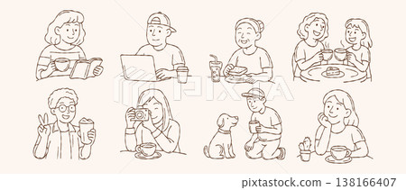 Cute coffee lover character vector set with people drinking coffee working on laptop and relaxing in hand drawn doodle line art style Cute coffee lover character vector set with people drinking coffee working on laptop and relaxing in hand drawn doodle line art style 138166407