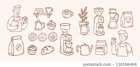Minimalist barista tools vector set with coffee machine grinder beans baker character and latte art in hand drawn doodle line art style for branding 138166408