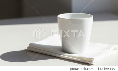 Minimal White Coffee Cup on Clean Table Aesthetic Scene Minimal White Coffee Cup on Clean Table Aesthetic Scene 138166459