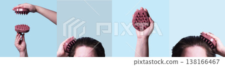 Banner of images illustrating scalp massage with exfoliating brush on blue background. Illustration of washing routine. Concept of scalp care, trichology, natural cosmetics, and home wellness therapy 138166467