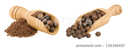 Allspice pepper and ground in wooden scoop isolated on white background. Jamaica pepper, Pimenta dioica or myrtle pepper Allspice pepper and ground in wooden scoop isolated on white background. Jamaica pepper, Pimenta dioica or myrtle pepper 138166487