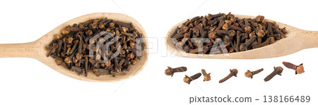 dry spice cloves in wooden spoon isolated on white background. Top view. Flat lay dry spice cloves in wooden spoon isolated on white background. Top view. Flat lay 138166489