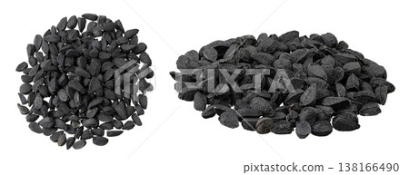 Nigella sativa or Black cumin isolated on white background. Top view. Flat lay Nigella sativa or Black cumin isolated on white background. Top view. Flat lay 138166490