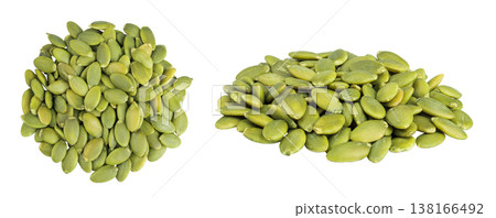 Peeled pumpkin seeds isolated on white background. Top view. Flat lay 138166492