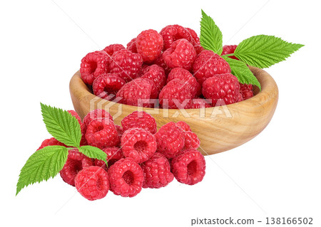 Ripe raspberries in wooden bowl isolated on a white background 138166502