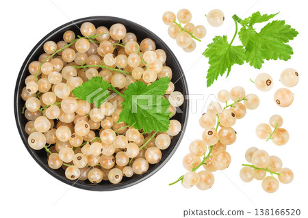 white or yellow currant in ceramic bowl isolated on white background. Top view. Flat lay white or yellow currant in ceramic bowl isolated on white background. Top view. Flat lay 138166520
