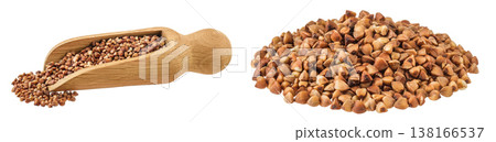Raw buckwheat in wooden scoop isolated on white background Raw buckwheat in wooden scoop isolated on white background 138166537