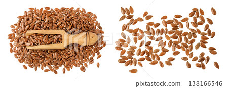 flaxseed in wooden scoop isolated on white background. Top view. Flat lay flaxseed in wooden scoop isolated on white background. Top view. Flat lay 138166546