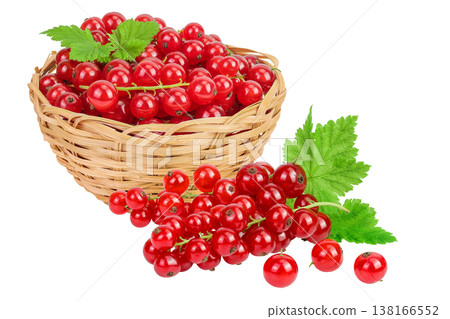Red currant berries in a wicker basket with leaf isolated on white background Red currant berries in a wicker basket with leaf isolated on white background 138166552