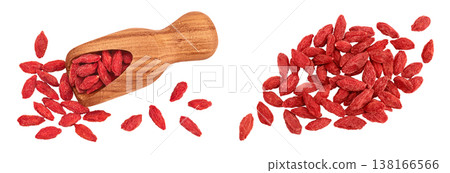 Dried goji berries in wooden scoop isolated on white background. Top view. Flat lay. Dried goji berries in wooden scoop isolated on white background. Top view. Flat lay. 138166566