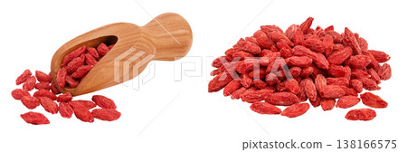 Dried goji berries in wooden scoop isolated on white background with full depth of field Dried goji berries in wooden scoop isolated on white background with full depth of field 138166575