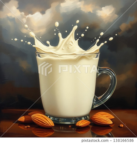 Artistic digital painting of a glass of almond milk with a large splash, surrounded by whole almonds on a dark, moody background. 138166586