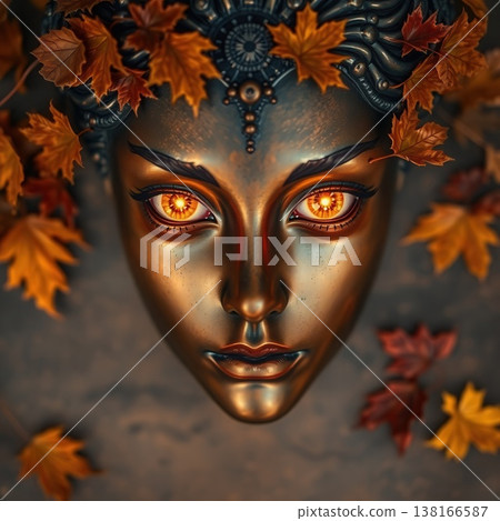 A mystical bronze-colored face with glowing orange eyes, adorned with vibrant autumn maple leaves and intricate crown details. 138166587