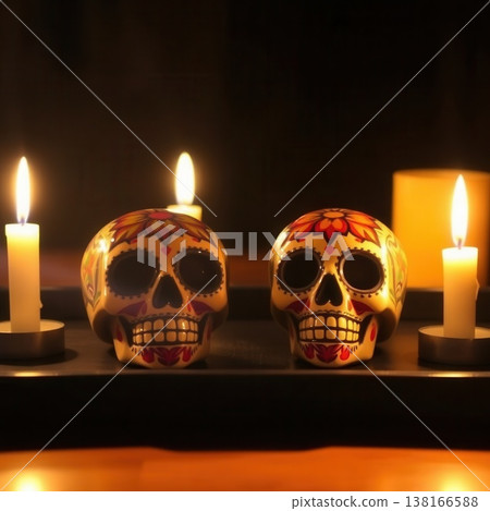 Two decorated Mexican sugar skulls placed on a dark tray, illuminated by the warm, atmospheric glow of several lit candles. 138166588