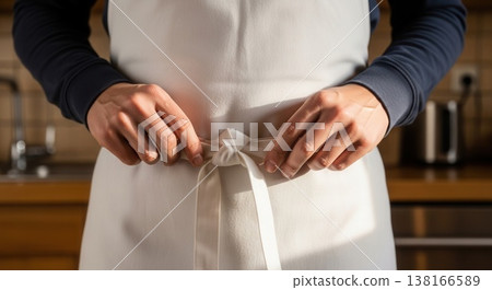 Close-up of hands tying a white kitchen apron knot, focusing on the preparation for cooking in a domestic kitchen setting. 138166589