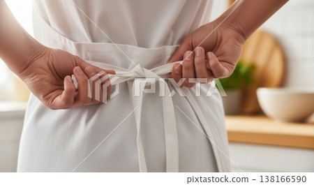 Close-up of a person tying the white strings of a chef's apron behind their back in a bright, modern kitchen setting. 138166590