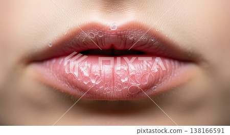 Macro shot of pink lips with severely dry, cracked skin and visible flaking, perfect for illustrating dermatology or winter skincare concerns. 138166591