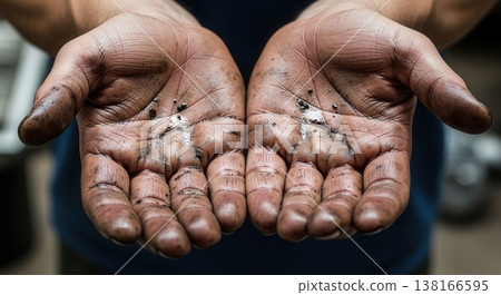 Close-up of a worker's open palms covered in thick black grease, oil, and grime, symbolizing manual labor and industrial hard work. 138166595