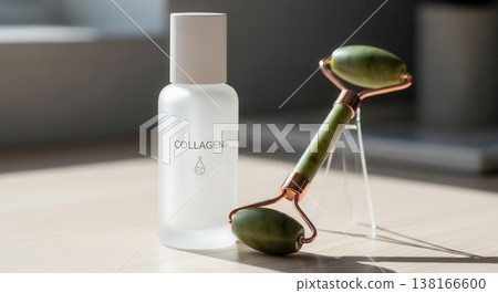 Minimalist display of a frosted collagen serum bottle and a green jade face roller on a light wood surface, illuminated by natural sunlight. Minimalist display of a frosted collagen serum bottle and a green jade face roller on a light wood surface, illuminated by natural sunlight. 138166600