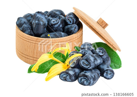 Fresh honeysuckle blue berry in wooden bowl isolated on white background with full depth of field Fresh honeysuckle blue berry in wooden bowl isolated on white background with full depth of field 138166605