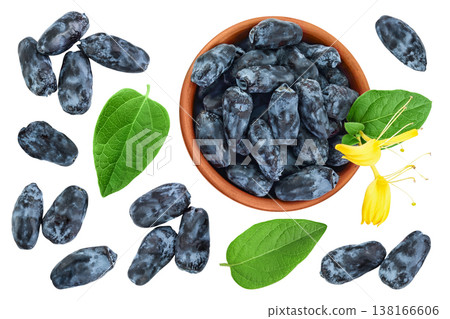 Fresh honeysuckle blue berry in ceramic bowl isolated on white background with full depth of field. Top view. Flat lay Fresh honeysuckle blue berry in ceramic bowl isolated on white background with full depth of field. Top view. Flat lay 138166606