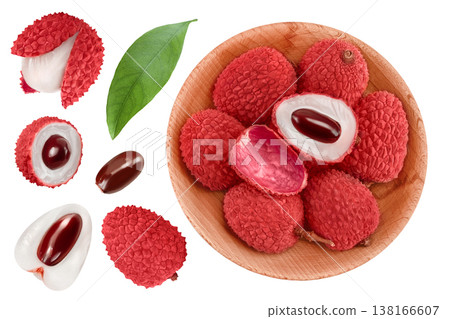 lychee fruit in wooden bowl isolated on white background. Top view. Flat lay lychee fruit in wooden bowl isolated on white background. Top view. Flat lay 138166607