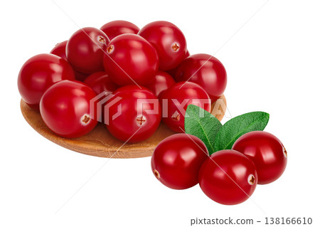 Cranberry in wooden bowl isolated on white background with full depth of field Cranberry in wooden bowl isolated on white background with full depth of field 138166610