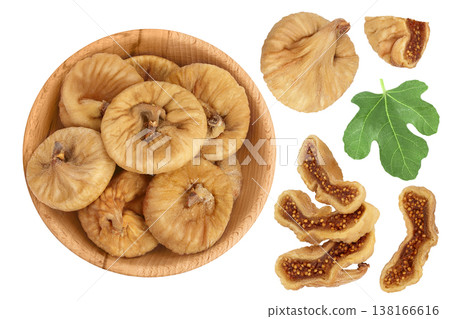 dried figs in wooden bowl isolated on white background with full depth of field. Top view. Flat lay dried figs in wooden bowl isolated on white background with full depth of field. Top view. Flat lay 138166616