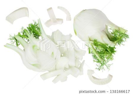 fresh fennel bulb half with slices isolated on white background with full depth of field. Top view. Flat lay 138166617