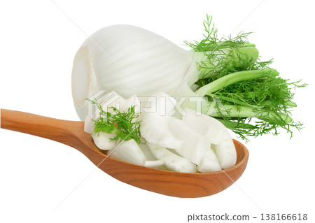fresh fennel bulb slices in wooden spoon isolated on white background with full depth of field 138166618