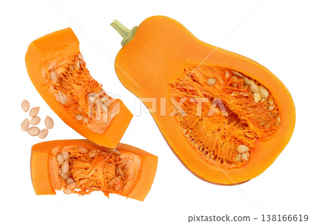 butternut squash piece isolated on white background with full depth of field. Top view. Flat lay butternut squash piece isolated on white background with full depth of field. Top view. Flat lay 138166619