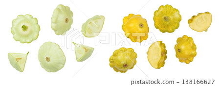 green and yellow pattypan squash isolated on white background. Top view 138166627
