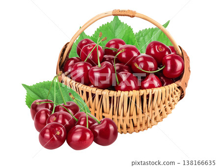 red sweet cherry in a wicker basket isolated on white background with full depth of field red sweet cherry in a wicker basket isolated on white background with full depth of field 138166635
