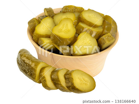 Marinated pickled cucumber in wooden bowl isolated on white background with full depth of field Marinated pickled cucumber in wooden bowl isolated on white background with full depth of field 138166640