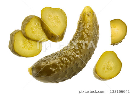 Marinated pickled cucumber slices isolated on white background with full depth of field. Top view. Flat lay Marinated pickled cucumber slices isolated on white background with full depth of field. Top view. Flat lay 138166641
