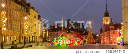 Christmas decorations and tree on Castle Square panorama at dawn in Warsaw, Poland 138166745