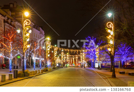 Christmas lights on historic street at night in Warsaw, Poland Christmas lights on historic street at night in Warsaw, Poland 138166768