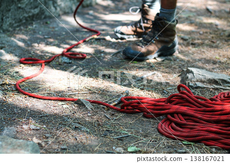 Sport Climbing Belayer And Pile Of Rope 138167021