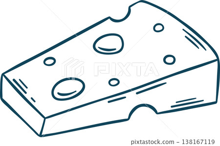 Hand-drawn cheese slice in simple blue line technique. Mediterranean-inspired sketch for cheese shop identity, snack branding or food illustrations 138167119